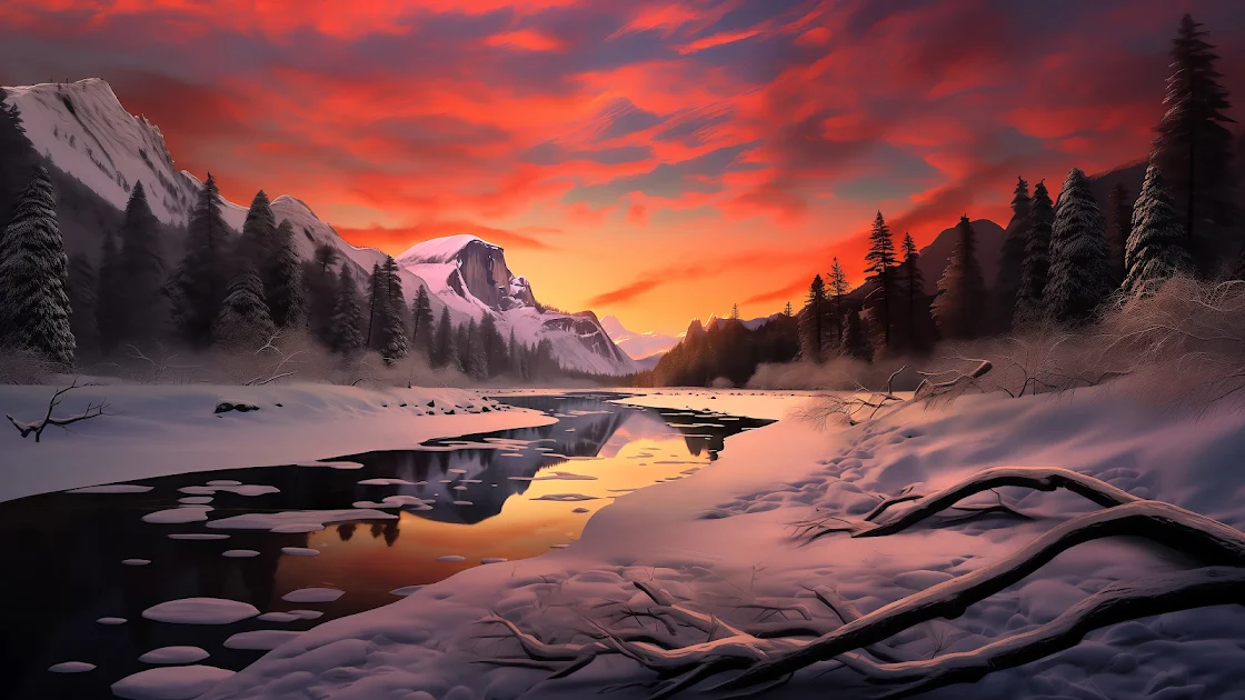 4K image showcasing a breathtaking winter sunset with fiery skies reflected in a mountain river surrounded by snow and pines.
