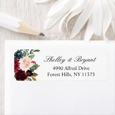  Burgundy Red Blush Blue Watercolor Floral Label