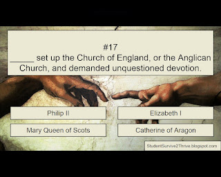 _____ set up the Church of England, or the Anglican Church, and demanded unquestioned devotion. Answer choices include: Philip II, Elizabeth I, Mary Queen of Scots, Catherine of Aragon