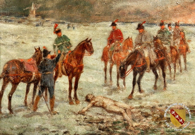 Tableau d'Emile Chepfer : Le corps du Téméraire retrouvé près de l'étang Saint-Jean