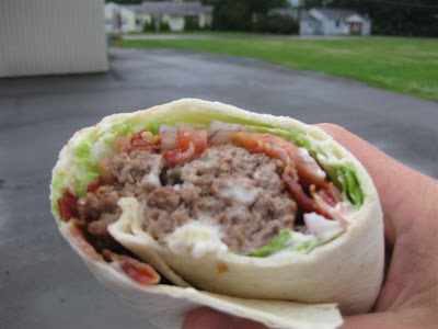 best lunch ever, bacon double cheese burger wrap, bacon, tomato, cheese, lettuce
