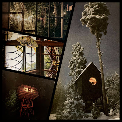 Three collaged images of cabins and cabin interiors