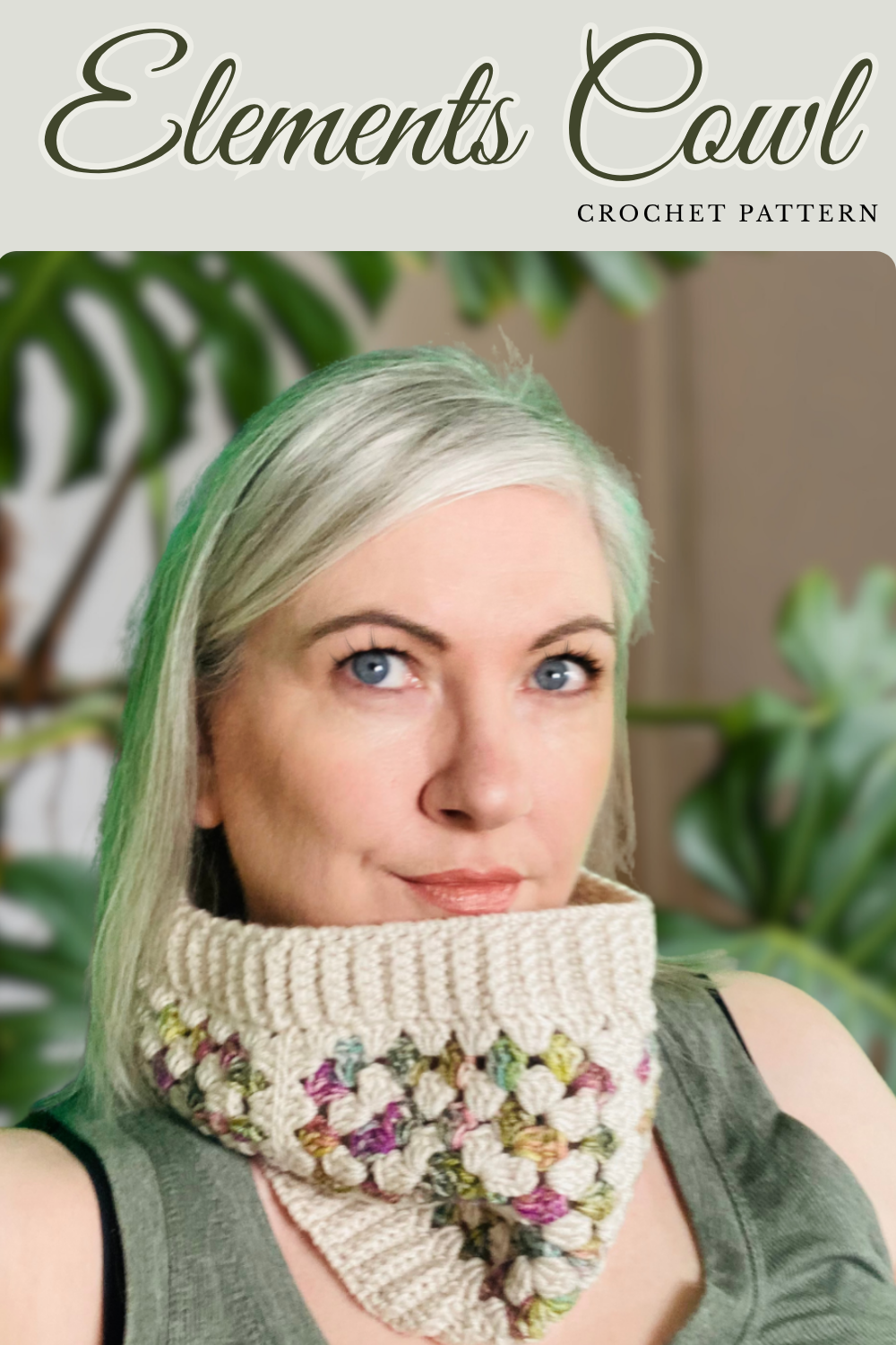 a pinterest pin showing a model wearing a cosy crochet granny square cowl made with dk weight yarn