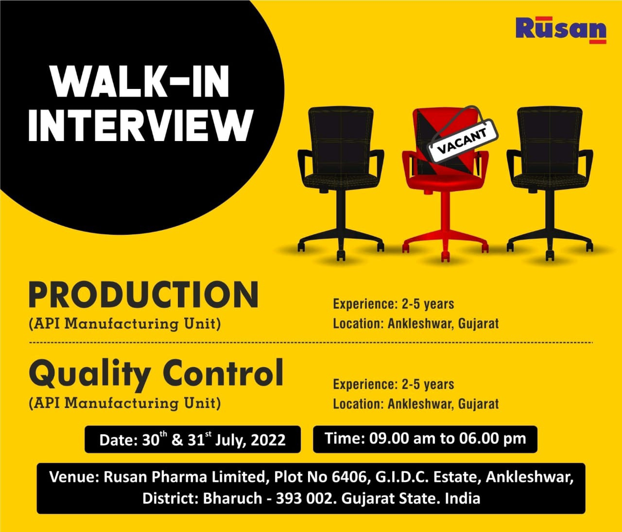 Job Available's for Rusan Pharma Ltd Walk-In Interview for QC/ Production