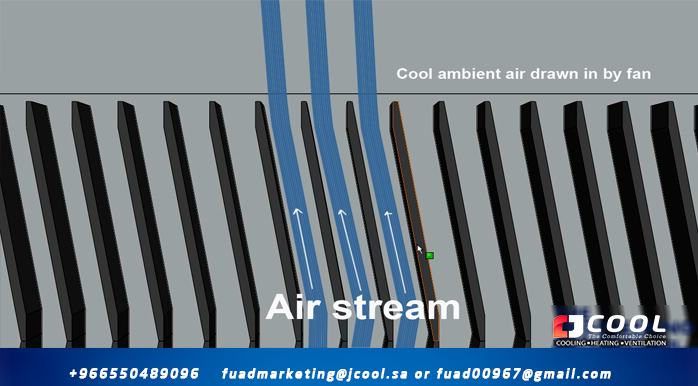 Cooling tower air passes in front of the fill pack
