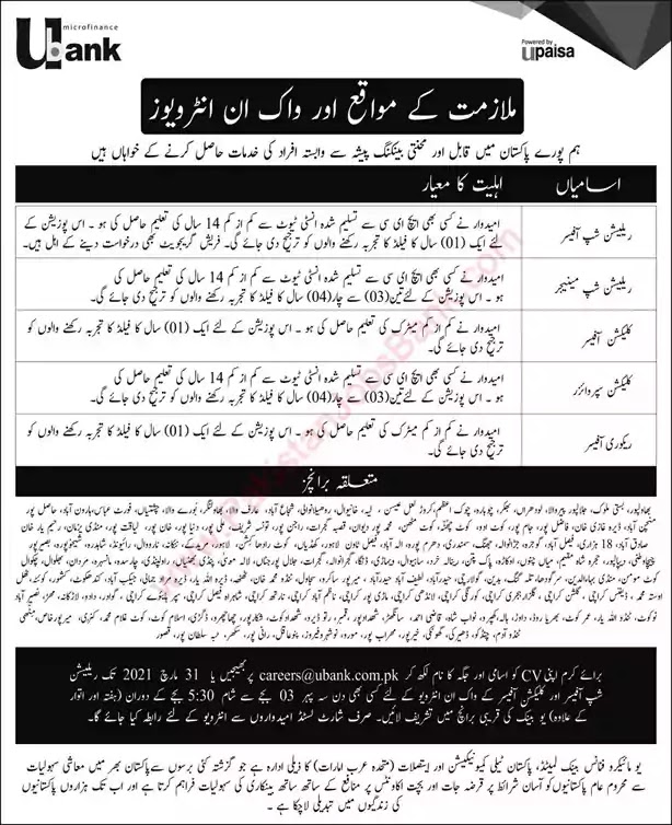 New Jobs in Pakistan U Microfinance Bank Jobs 2021| Walk in Interview