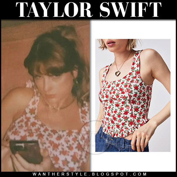 Taylor Swift in red rose print top