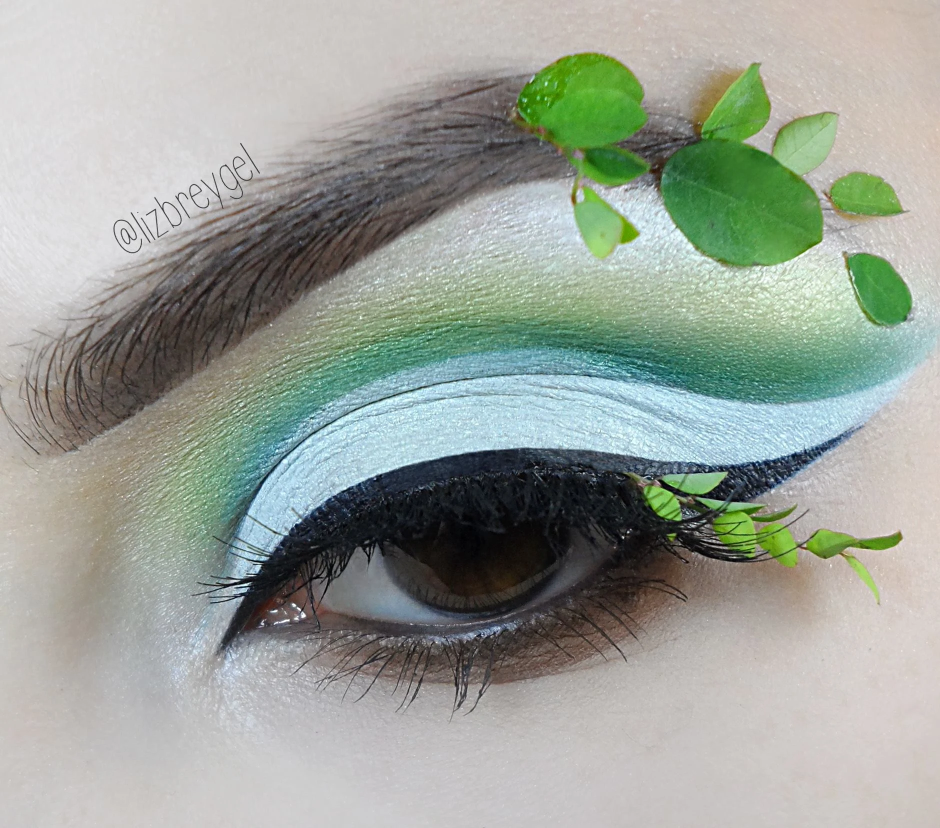 a close-up of brown eye with an editorial makeup look inspired by fairies