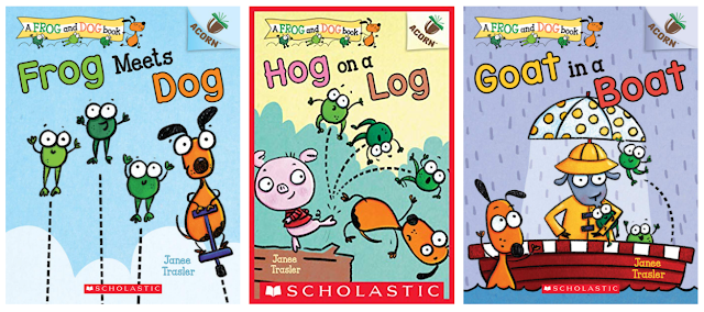 The book cover for Frog Meets Dog shows 3 frogs jumping and a dog on a pogo stick,  Hog on a Log shows a pig kicking 3 frogs and a dog off a log, and Goat in a Boat shows 3 frogs and a goat in a rainboat and an umbrella hat in a boat and a dog in the water while it's raining.