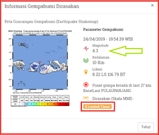 Gempa 4,3 Mg Kembali Guncang Lombok Timur