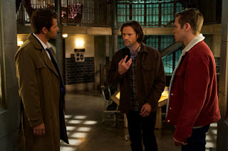 Misha Collins as Castiel, Jared Padalecki as Sam Winchester, Alexander Calvert as Jack in Supernatural 14x10 "Nihilism"