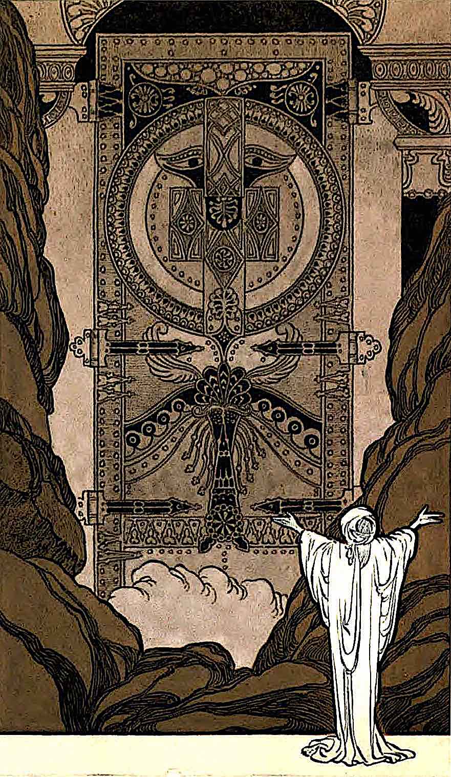 a Rene Bull illustration 1913, a figure summoning open giant gates