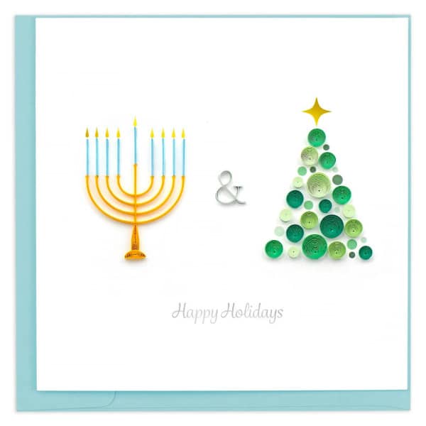 Christmas tree square holiday card with quilled menorah and envelope