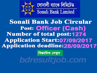 Sonali Bank Limited (SBL) Officer (Cash) Job Circular 2017 