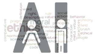 image showing the letter AI and a woman and a man - surrounded by words like ethics, oral, behavior and many more