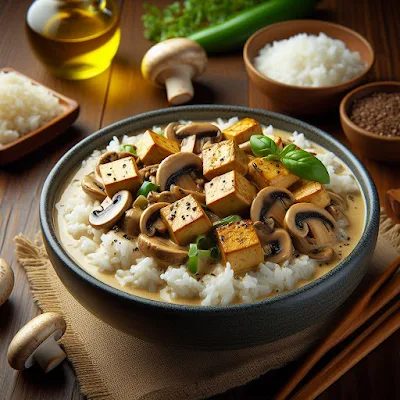 Auf dem Bild ist eine Schale mit Reis und vegetarisches Geschnetzeltes mit Champignons in einer cremigen Sauce zu sehen. Die Mahlzeit sieht sehr lecker und appetitlich aus.
