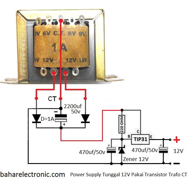  Power  Supply  Tunggal 12V  Pakai Transistor TIP31 Bahar 