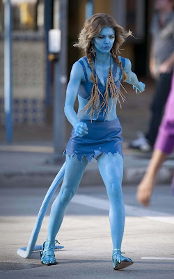 AnnaLynne McCord dressed as an Avatar on the set of 