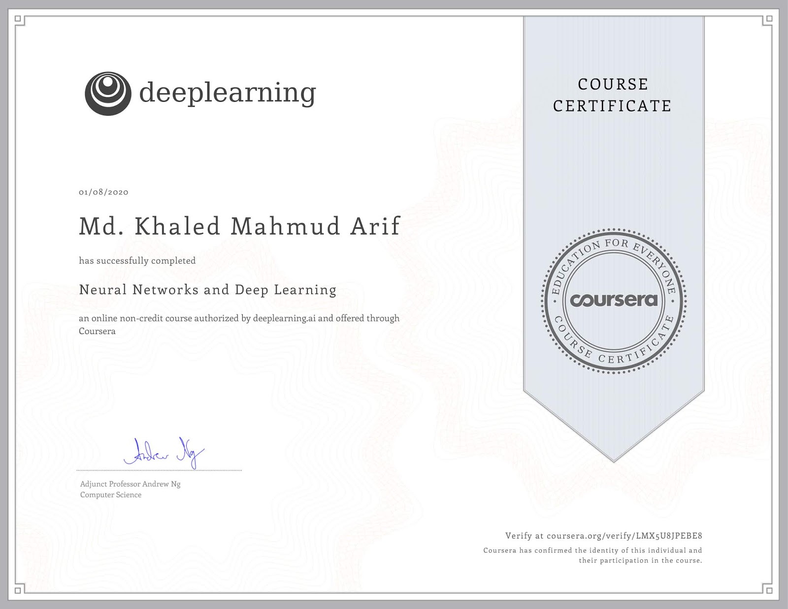 Deep Learning and Neural Network Course on Coursera