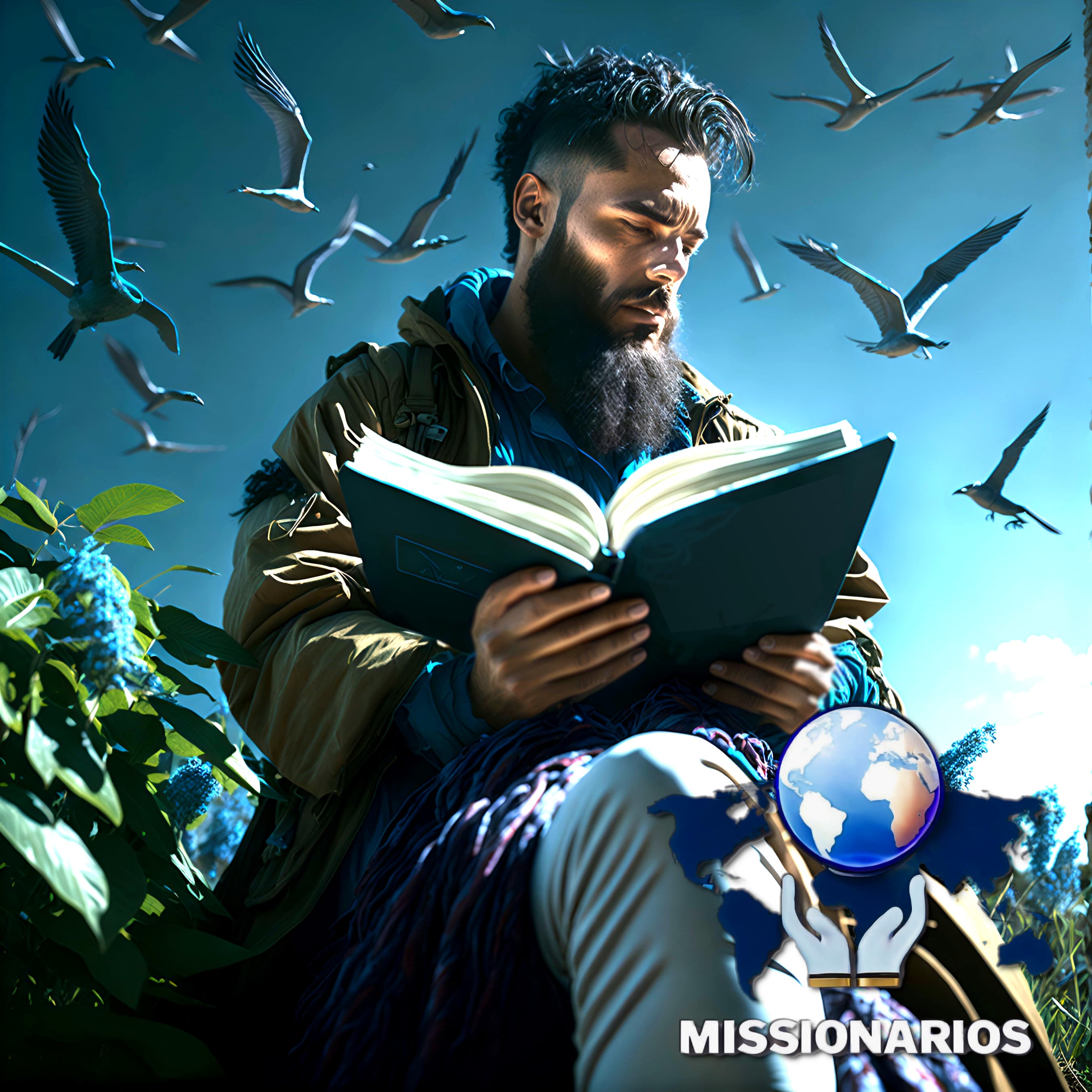 A imagem mostra um homem adulto, com barbas longas, sentado ao ar livre em meio a natureza, rodeado de pássaros, com a bíblia na mão estudando o livro dos salmos.