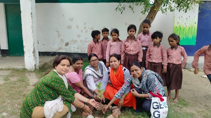 प्राथमिक विद्यालय सरने में आंगनबाड़ी के बच्चों का स्वास्थ्य परीक्षण एवं वृक्षारोपण कार्यक्रम