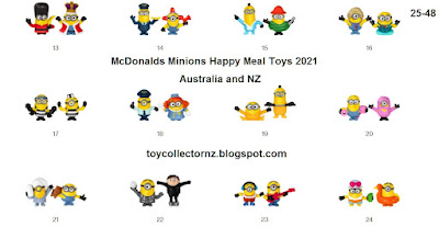 McDonalds Minions Happy Meal Toys 2021 Australia and New Zealand Toys 25-48 which came in sets of two with the chance of a rarer gold minion