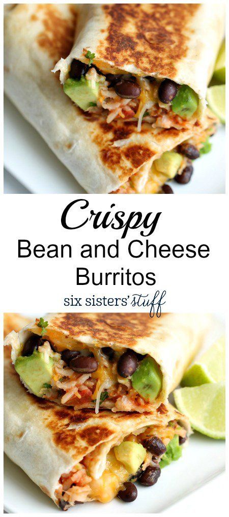 Crispy Bean and Cheese Burritos from Six Sisters Stuff | Stuffed with beans, cheese, cilantro, avocado and lime, this quick & easy dinner recipe is a winner! | Dinner Ideas for Picky Eaters | Family Favorite | Meatless Meals
