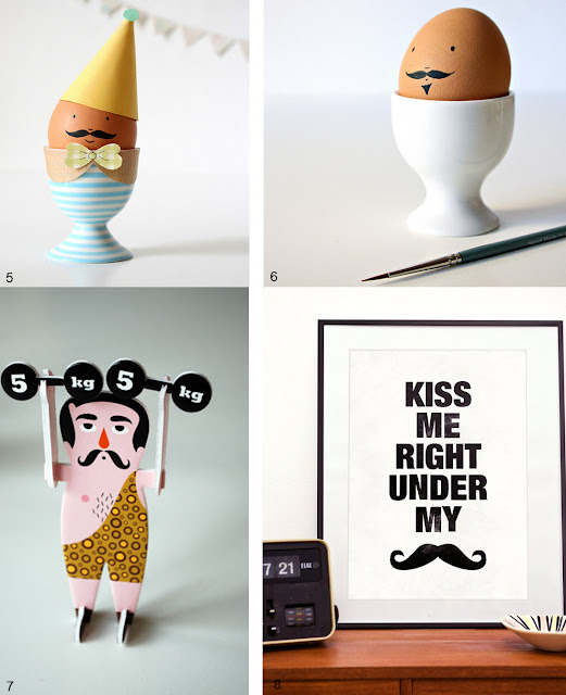 5. and 6. egg cups bit of pilli pilli 7.strong man ingela p arrhenius 8.moustache poster etsy