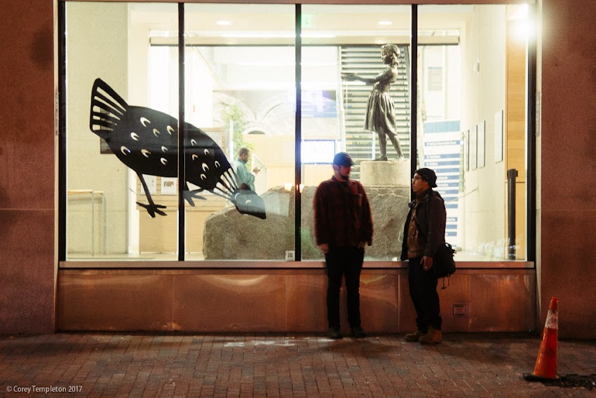 Portland, Maine USA November 2017 photo by Corey Templeton. A decorated window at the Portland Public Library in Monument Square. Check out their current Dahlov Ipcar exhibition in their Lewis Gallery.