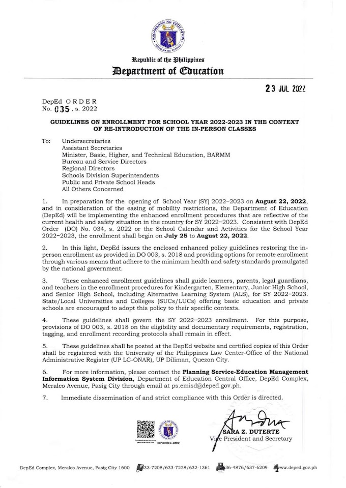 Guidelines on Enrollment for School Year 2022-2023 in the Context of the Re-Introduction of the In-person Classes | Download DepEd Order No. 35 series 2022