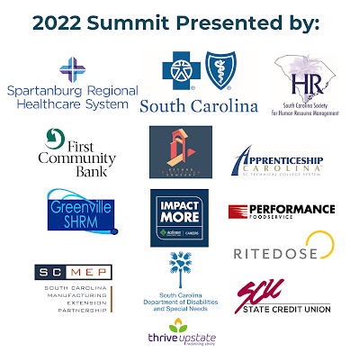 2022 Employer Summit sponsors logos, including Spartanburg Regional Healthcare System, BCBS of SC, SC Society for HR Management, First Community Bank,  Beyond Distilling Co, Apprenticeship Carolina, Greenville SHRM, Impact More, Performance FoodService, SC Manufacturing Extension Partnership, SC Dept of Disabilities and Special Needs, SCU State Credit Union, and Thrive Upstate