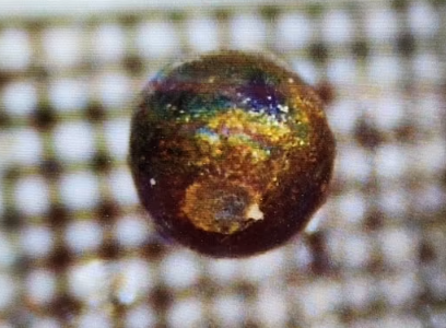 Uma esférula, ou uma gota derretida, recuperada do fundo do Oceano Pacífico é mostrada.
