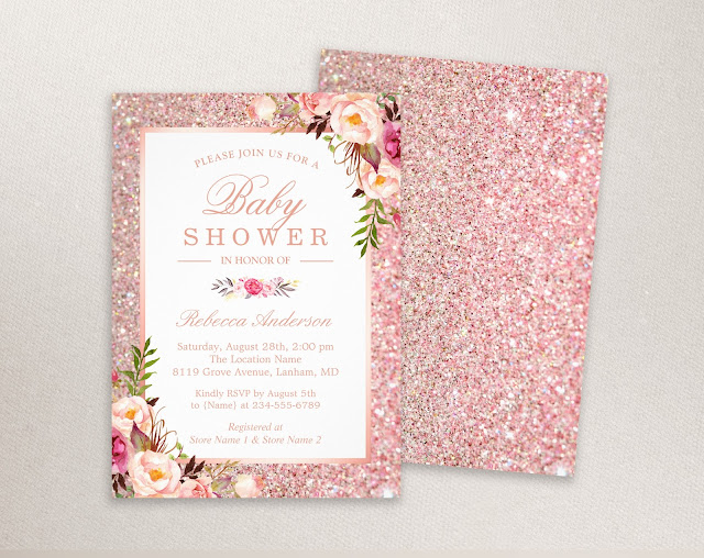  Rose Gold Glitter Pink Floral Girl Baby Shower Card