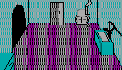 Image from the Sierra game, The Wizard and the Princess (1980).  It shows an eclectic mix of furniture and appliances in a room.