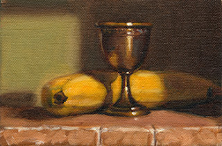 Oil painting of a banana beside a silver-plated egg cup with stem.