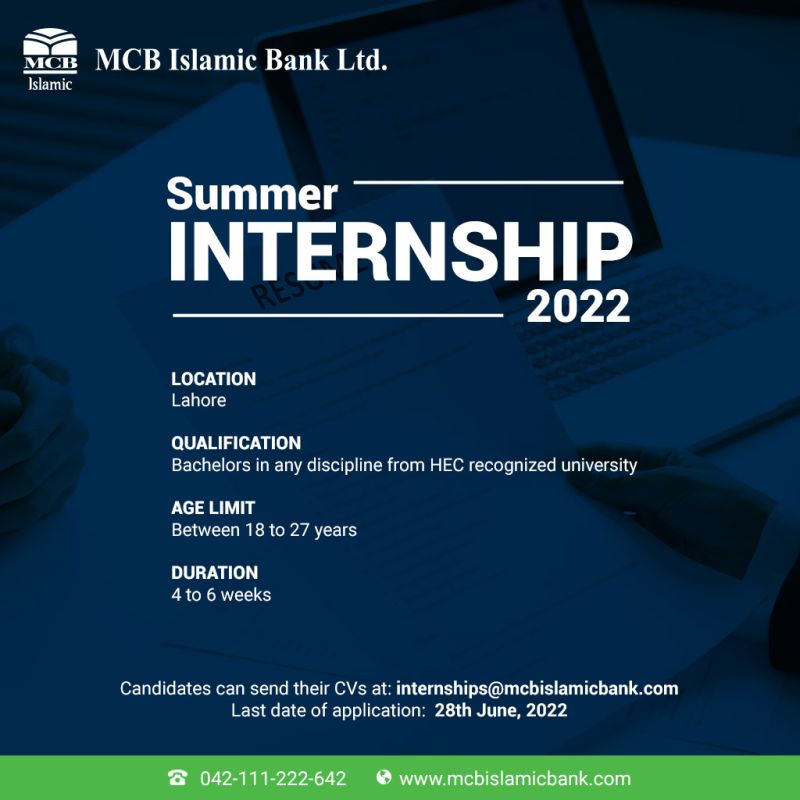 MCB Islamic Bank Limited Summer Internship Program 2022