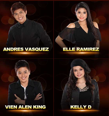 Andres Vasquez (Taguig) Elle Ramirez (Angono, Rizal) Vein Alen King (Tiaong, Quezon) Kelly D (Pasig City)