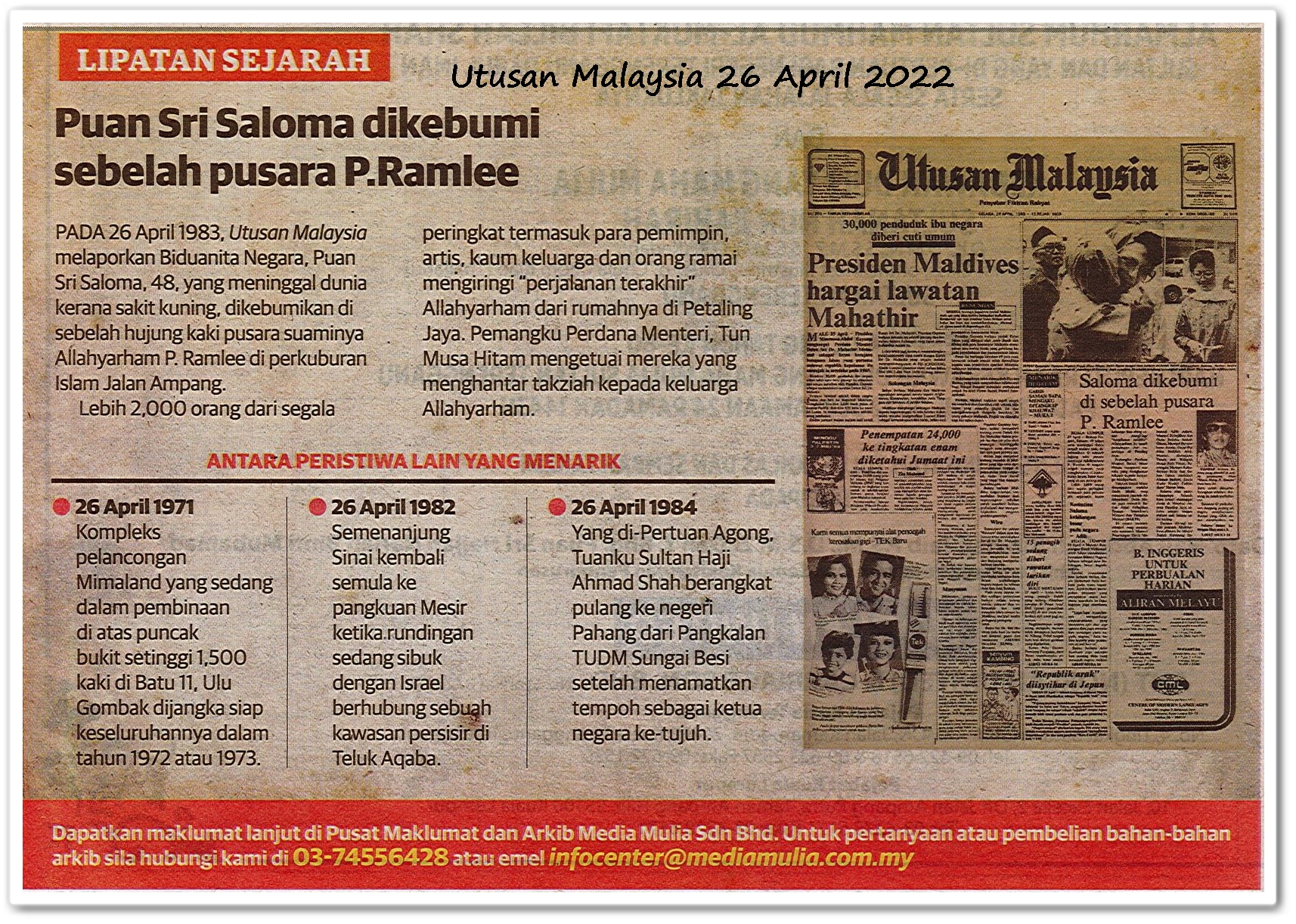 Lipatan sejarah 26 April - Keratan akhbar Utusan Malaysia 26 April 2022