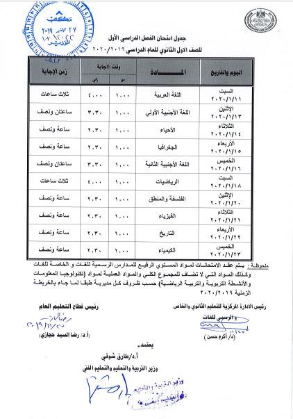 جداول امتحانات نهاية الفصل الدراسي الأول للصفين الأول والثاني الثانوي للعام الدراسي 2020/2019.