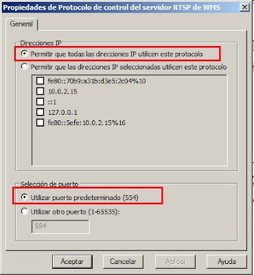 Windows Media Services. Propiedades de protocolo de control de servidor RSTP de WMS