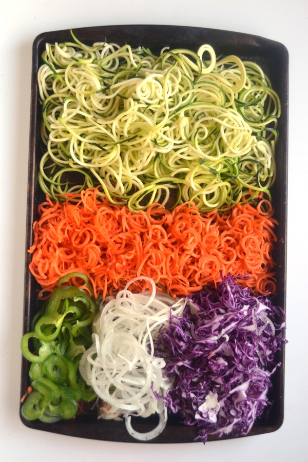 Spiralized Pad Thai is made with all vegetables and no noodles for a lighter, healthier dish! Tossed with a delicious spicy peanut sauce, you won't miss the noodles at all. www.nutritionistreviews.com