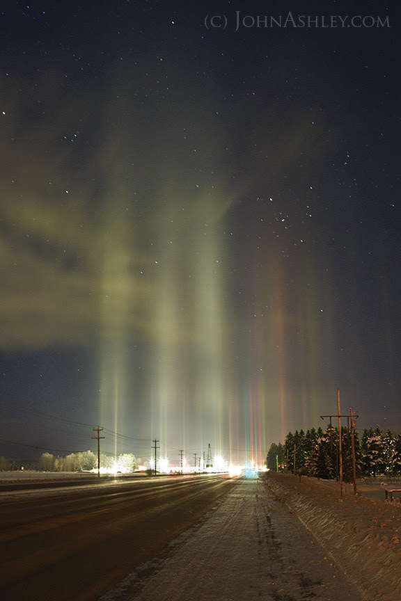 Here, light pillars were spotted above a gas station in Columbia Falls, Montana. - He Looked Up In The Sky… What He Saw Filled Me With Wonder.