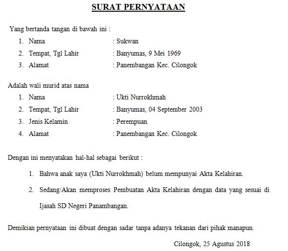 Contoh Surat Pernyataan Kelahiran Anak Contoh Surat