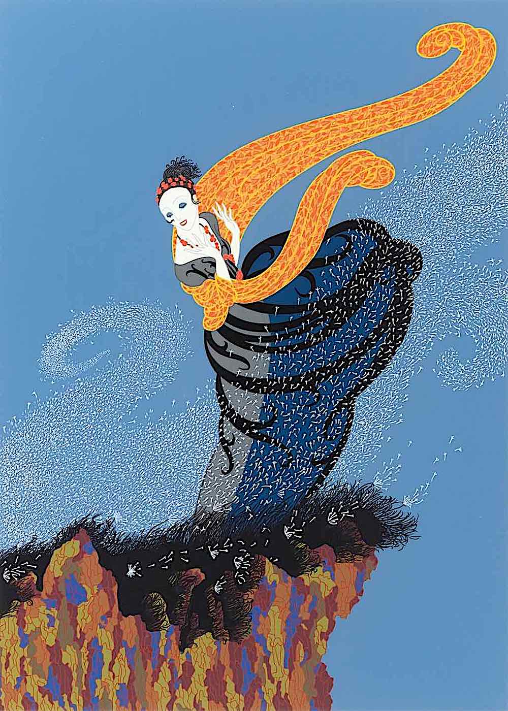 Erté, a woman on a windy rock cliff