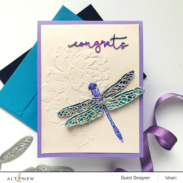 Altenew Anniversary, Altenew - Delicate Dragonflies, Craft your life kit - Delicate Garden, Signature word die set, Altenew guest designer, dragonfly die card, dry embossed card, quillish, Ishani