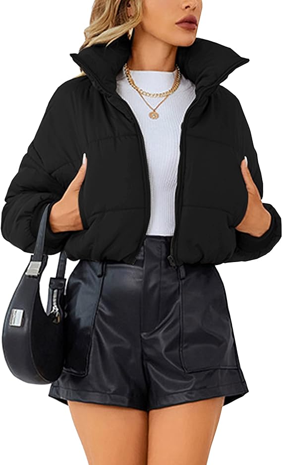 Womens Lightweight Warm Cropped Jacket Zipper Puffer Jacket Quilted ...