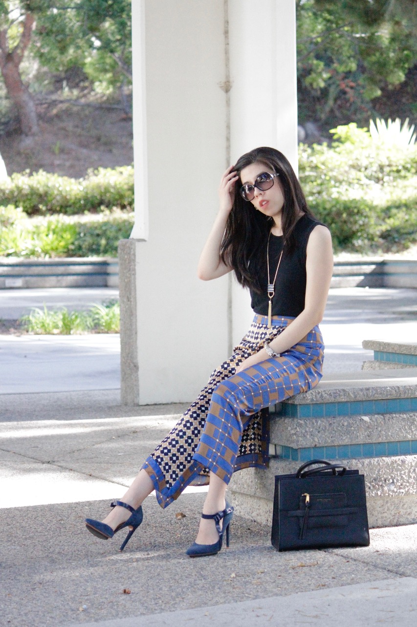 Adrienne Nguyen - What to Wear with Blue Silk Skirt Pants - How to Wear Printed Pants to Work