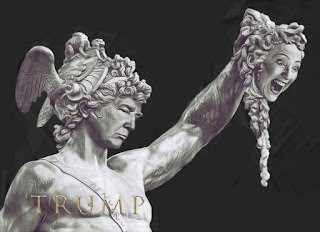 Hillary Clinton portrayed as Medusa, with Trump as Perseus.  Woman in Power