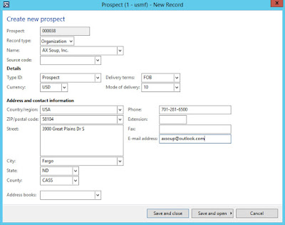 New Prospect form in AX completed for a fake company called AX Soup, Inc. 