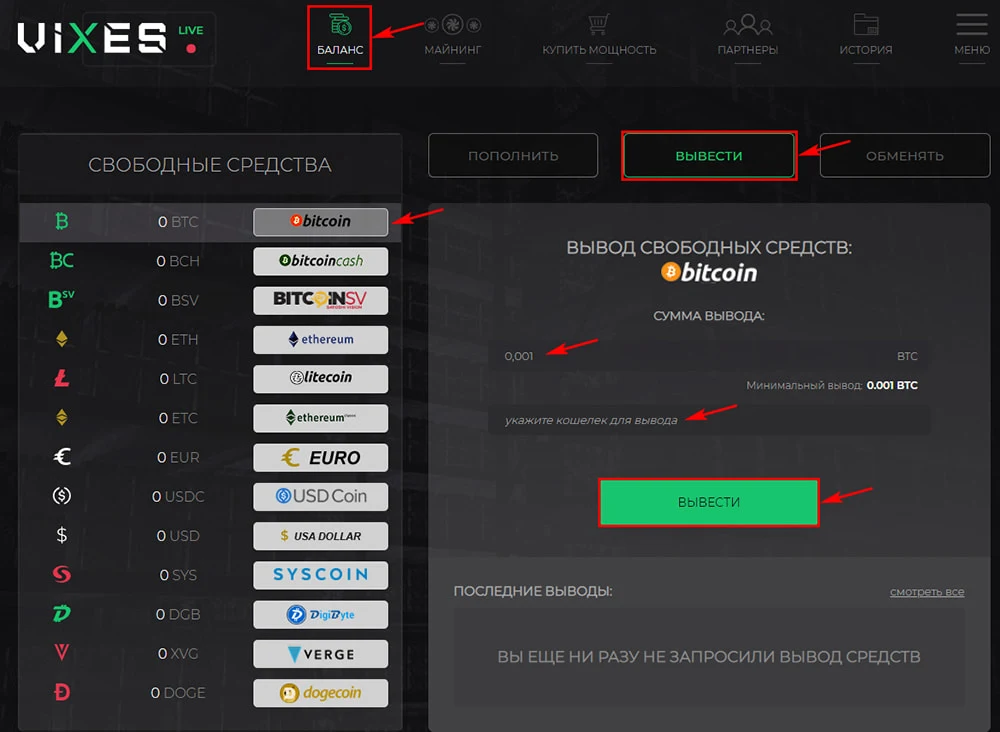 Вывод средств в Vixes